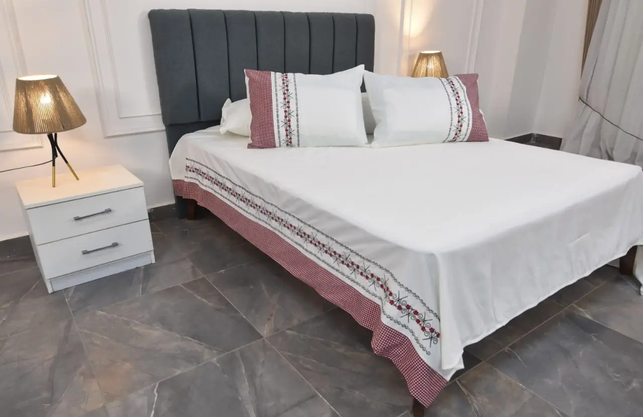 Red and White Embroidered Bed Linen Set